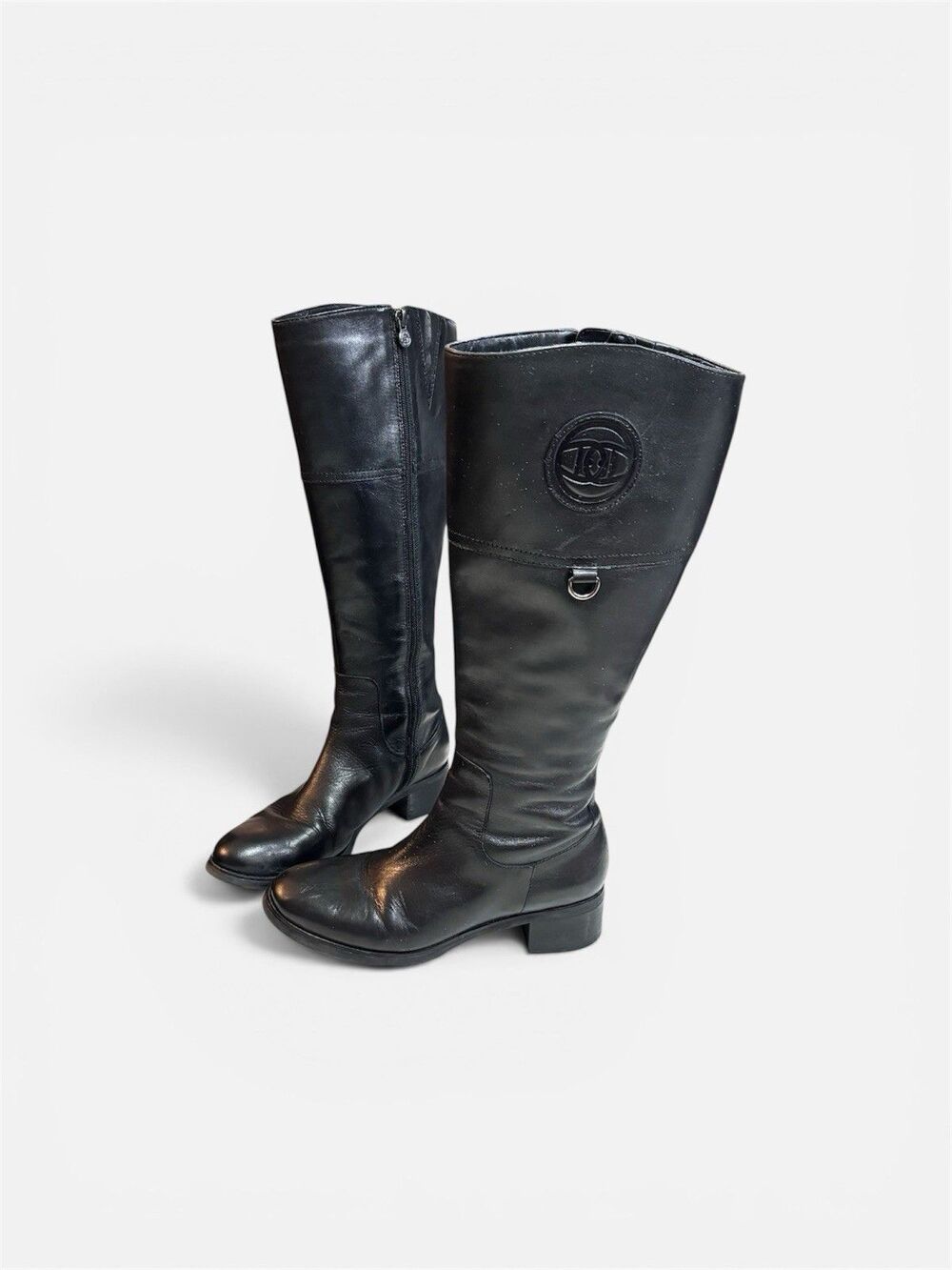 Etienne Aigner Chastity Black Leather Knee High Riding Boots Women's 6M Zip Logo